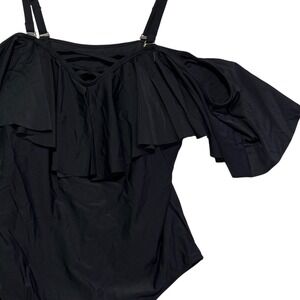 HOLI PICK Black One Piece Swimsuit 18W Off Shoulder Ruffle Criss Cross‎